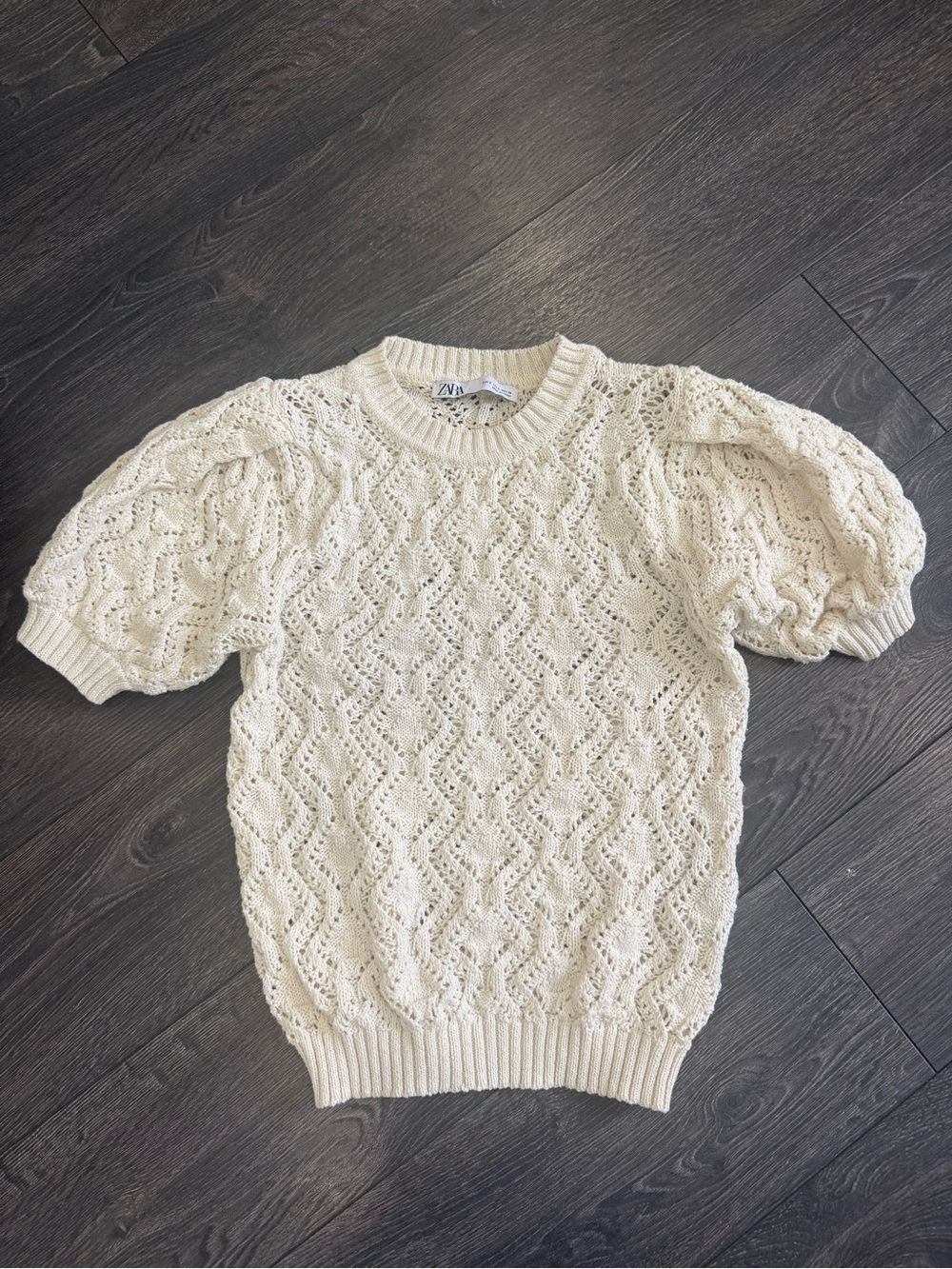 Zara Cream Open-Weave Puff-Sleeve Crew Sweater